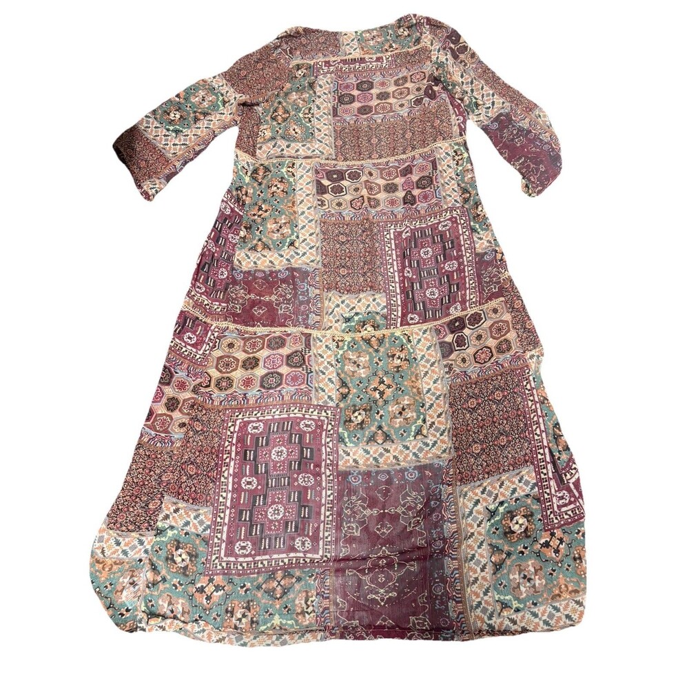 Anama Open Duster S Kimono Style Brown Green Sheer Aztec Patchwork Artistic Boho